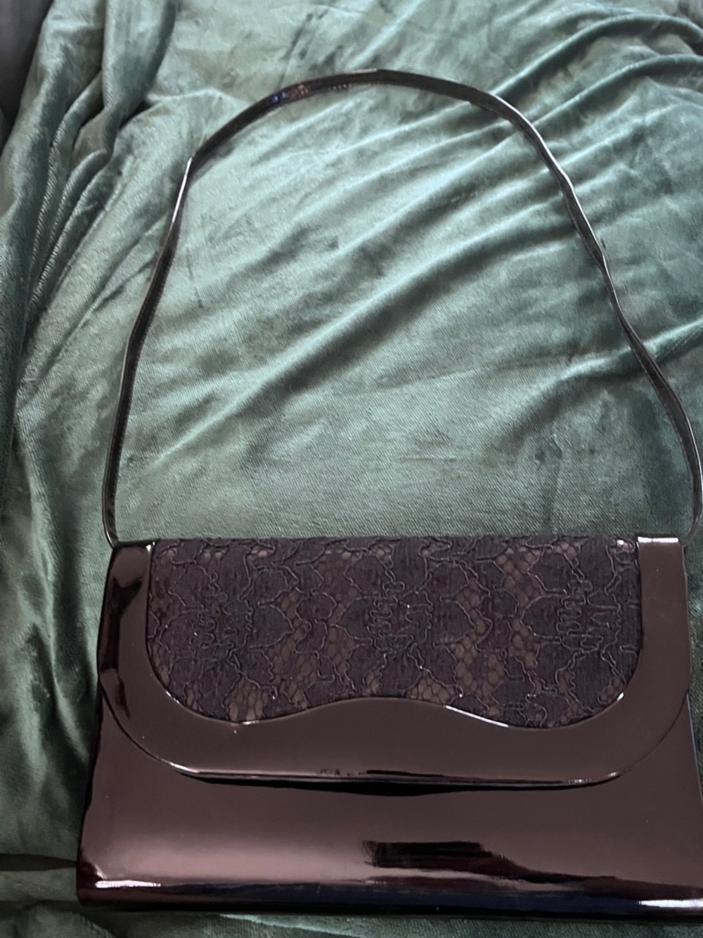 Black Lace-Accent Patent Shoulder Clutch